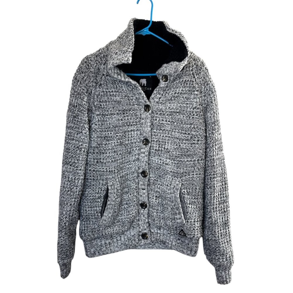 American Stitch Men's Large Sherpa-Lined Hooded Button-Up Knit Cardigan Sweater
